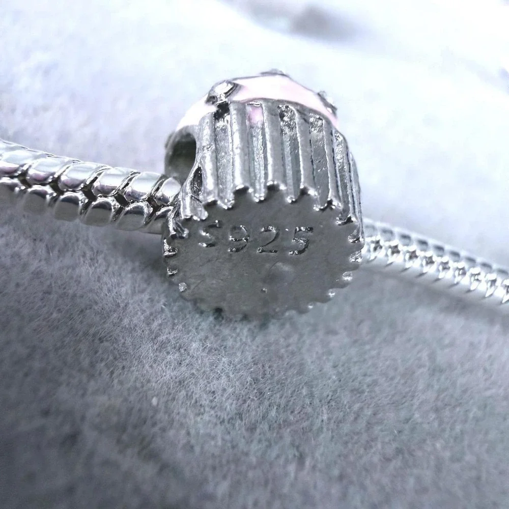 Pink Enamel Cupcake Silver European Charm fits PANDORA